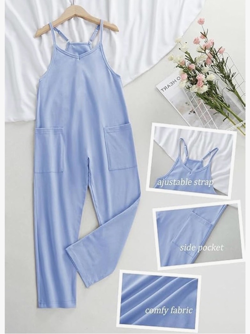 Girl’s Light Blue Adjustable-Strap Jogger Romper size 140-9/10